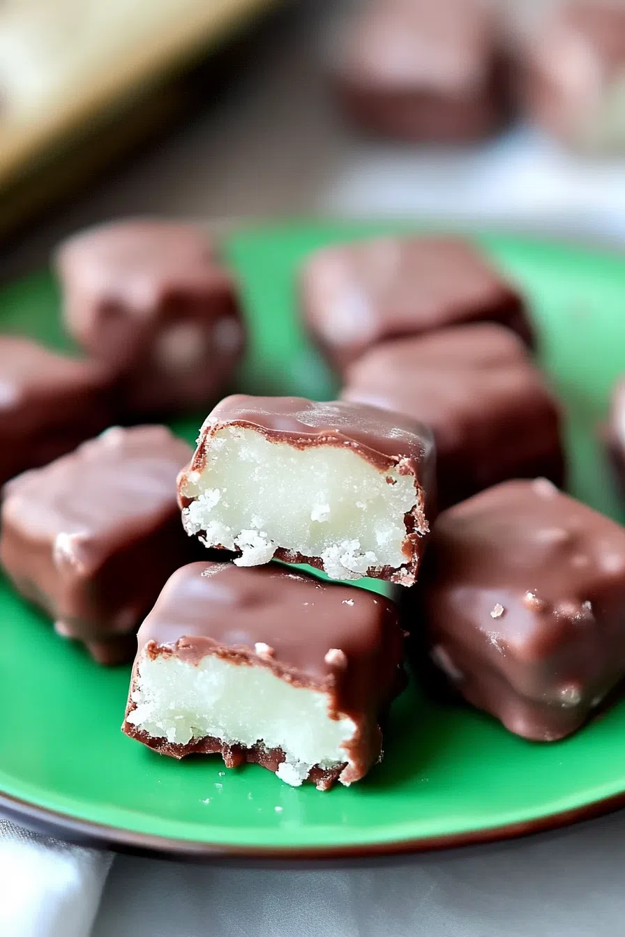 Close-up of sliced candies showing creamy white centers.