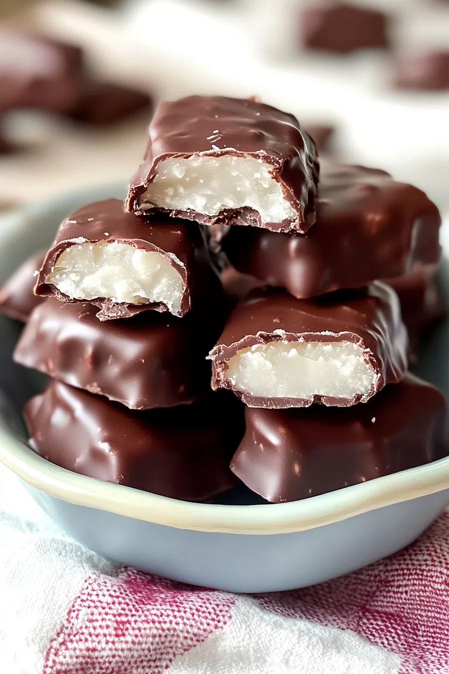 Dessert squares with a glossy chocolate coating and clean edges.