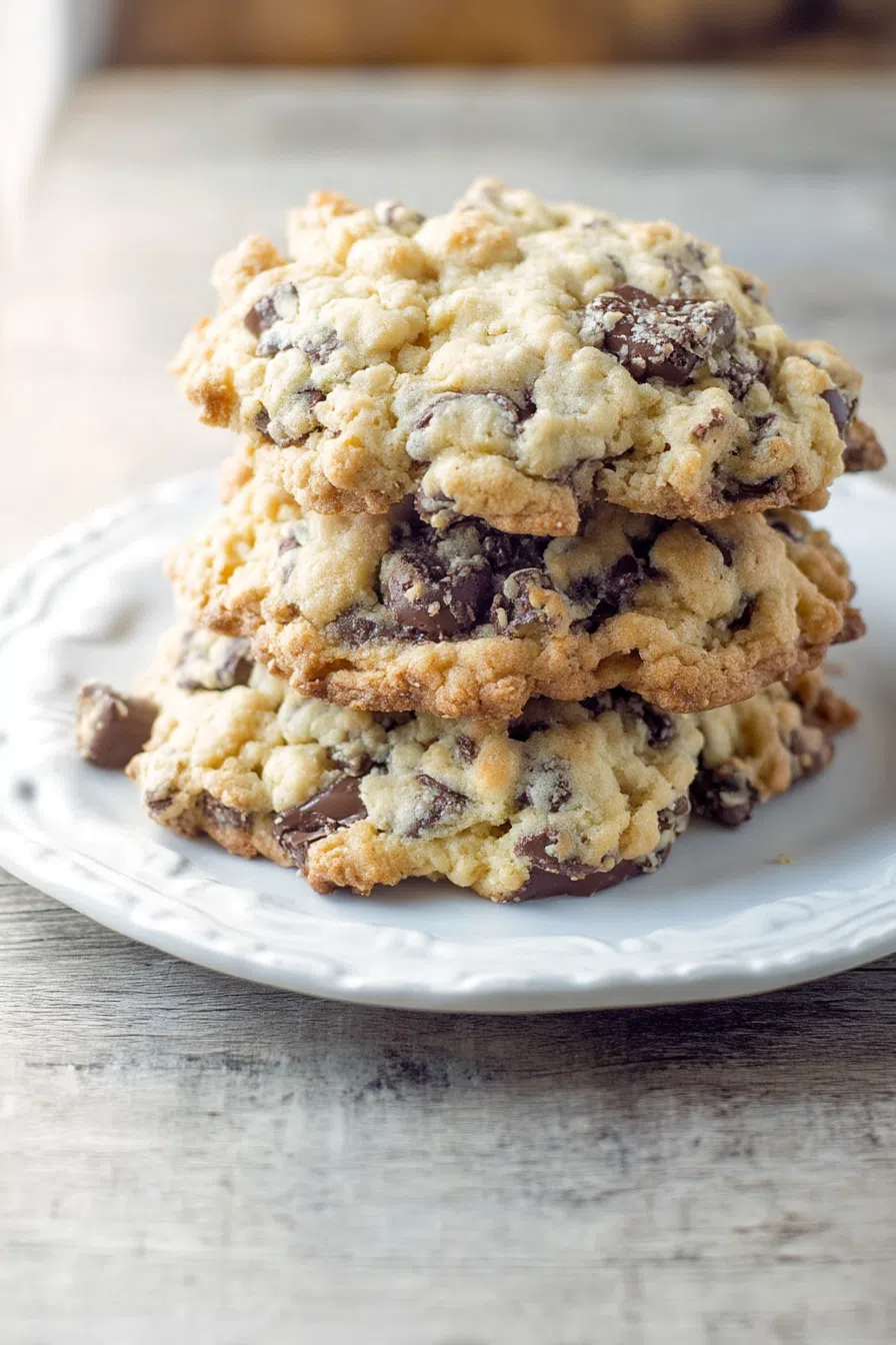 Close-up of a cookie broken in half to show the gooey interior.