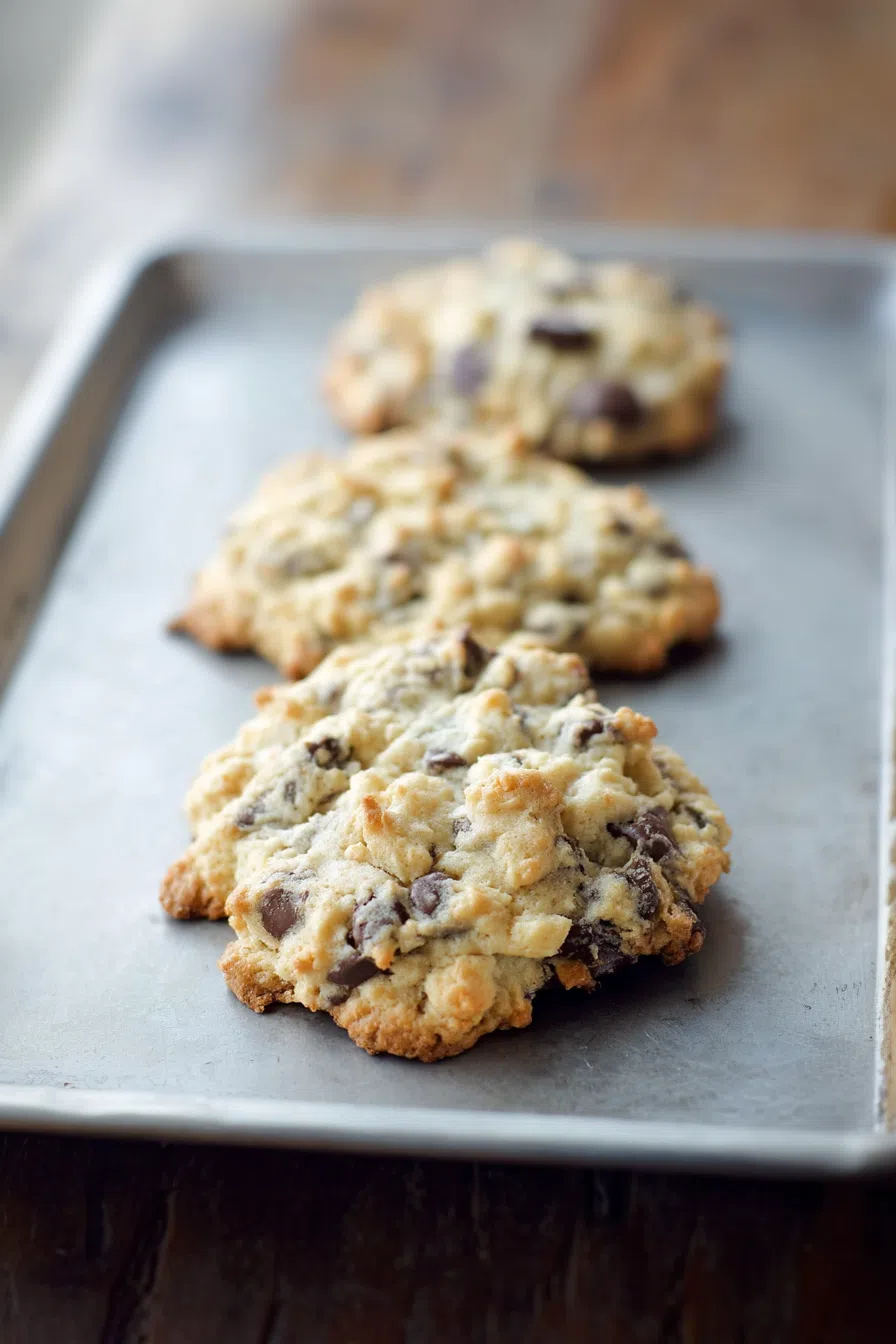 Freshly baked cookies on a tray with chocolate chunks visible.