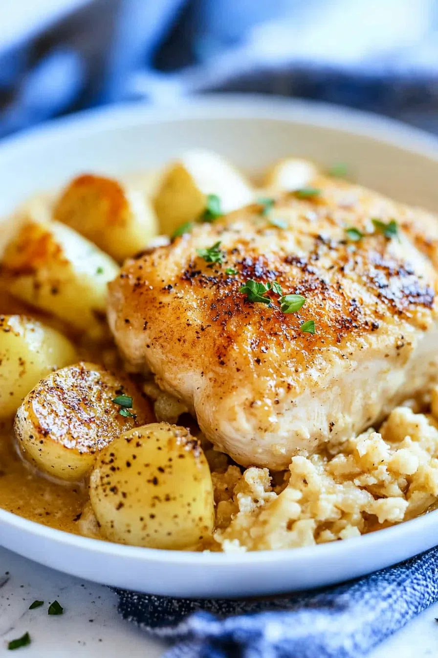 Golden-baked dish with tender meat and fluffy rice in a creamy sauce.