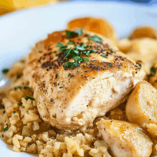 Portion of a warm, home-style meal on a dinner plate with a sprig of parsley.