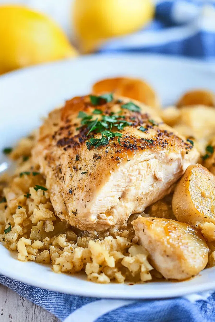 Portion of a warm, home-style meal on a dinner plate with a sprig of parsley.