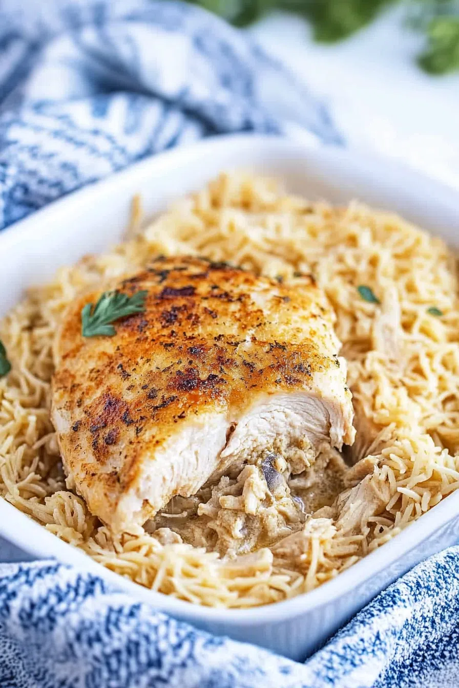 Hearty casserole served in a white baking dish, fresh from the oven.