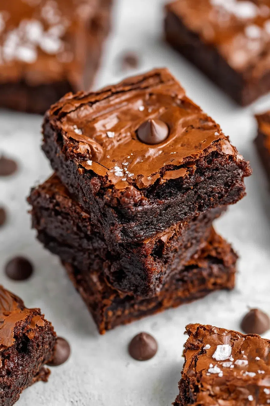 Close-up of gooey, fudgy squares with a glossy top layer.