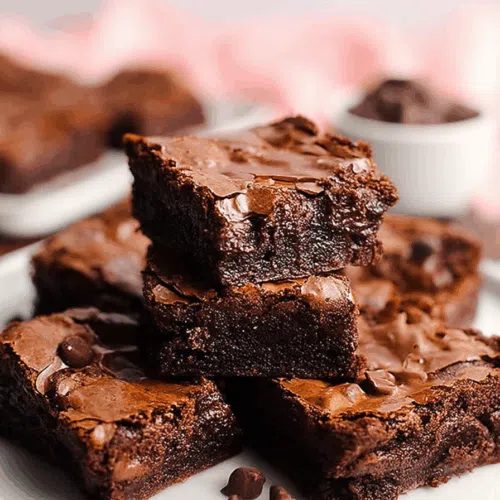 Stacked square slices of rich chocolate dessert on a rustic plate.