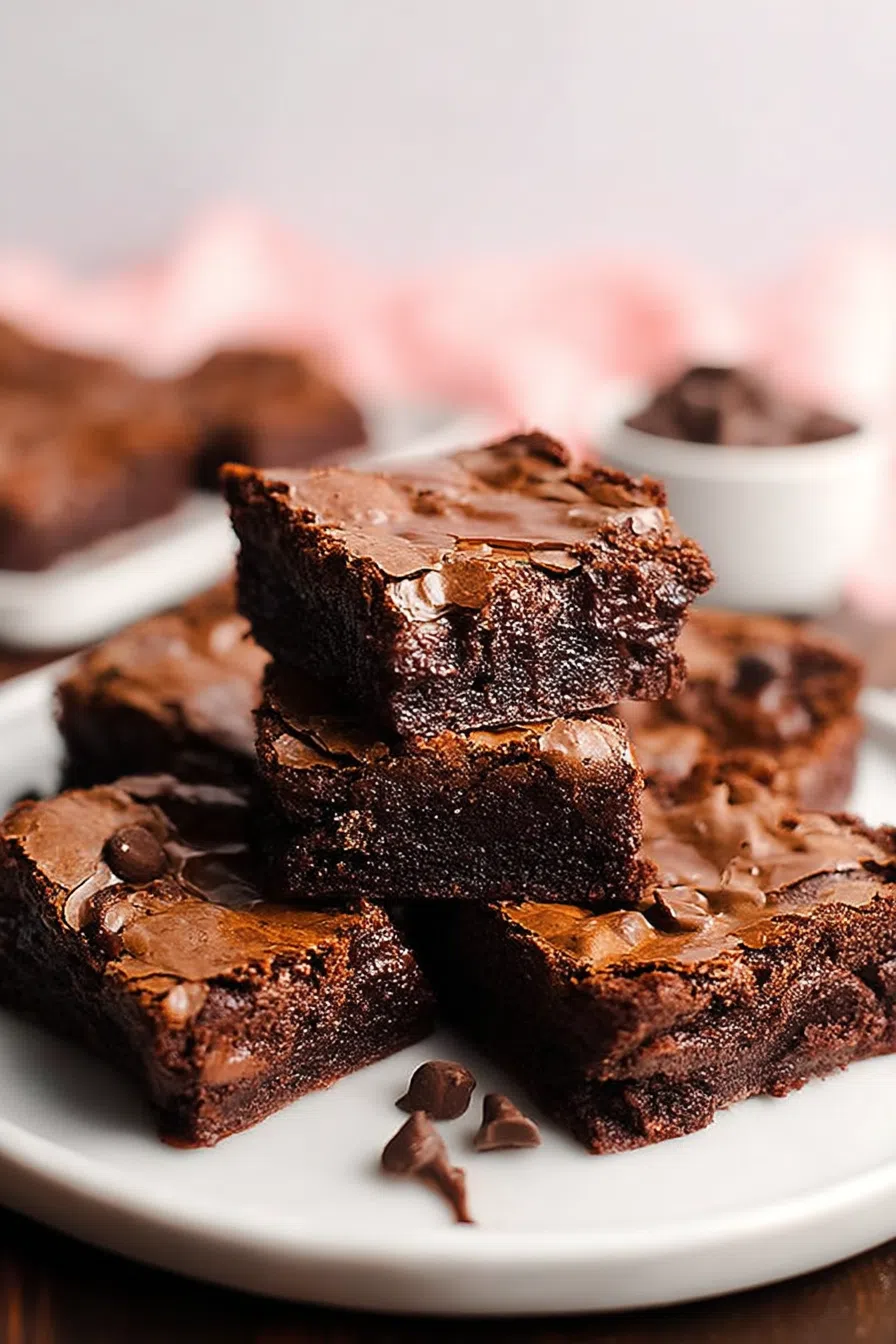 Stacked square slices of rich chocolate dessert on a rustic plate.