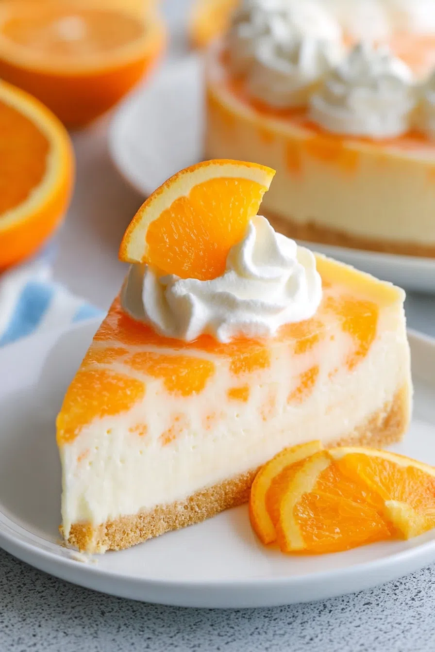 A rich slice of cheesecake plated with a dollop of whipped cream.