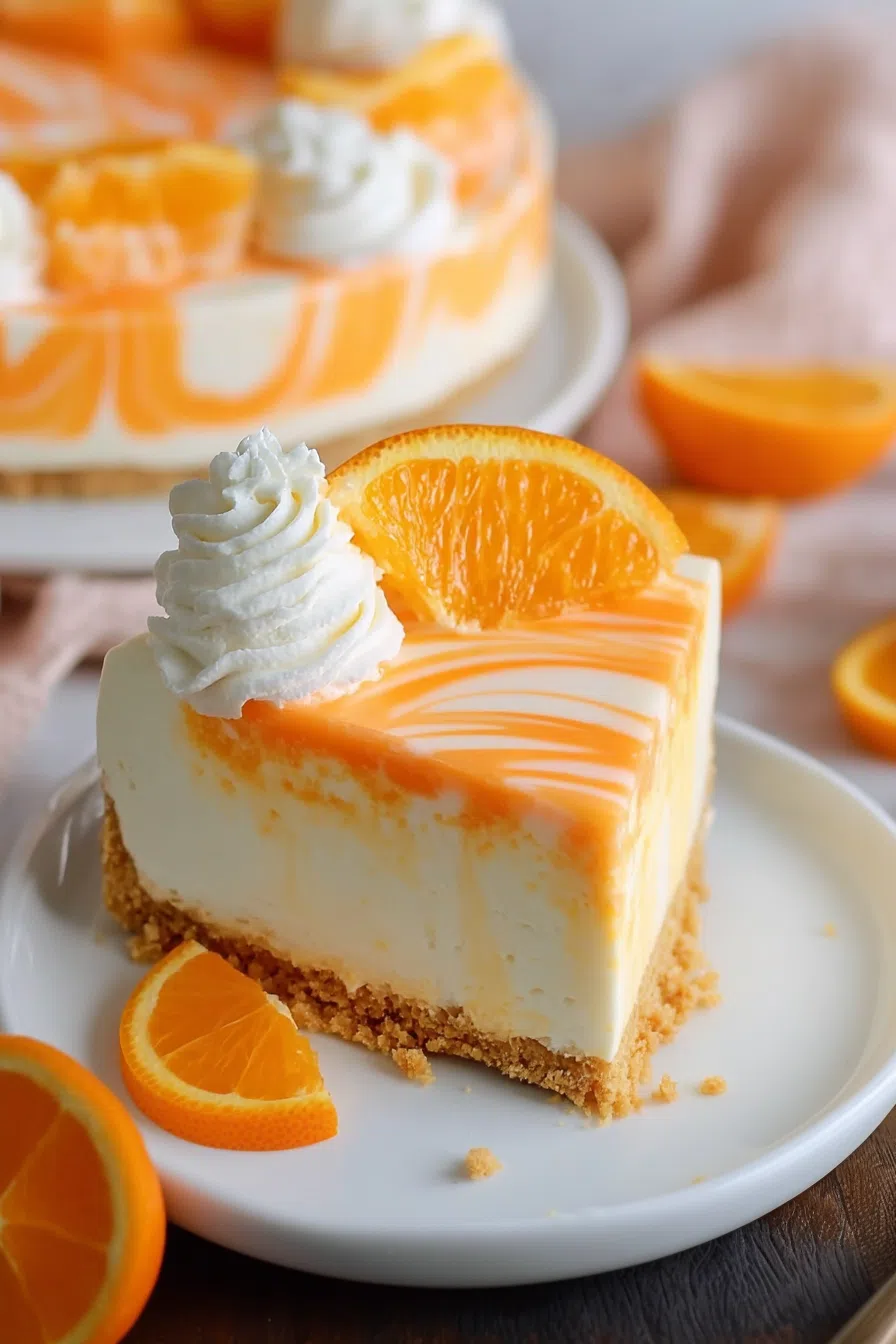 A creamy layered dessert with an orange swirl topping, sliced and ready to serve.