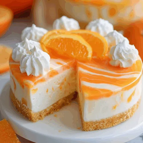 Overhead view of a round dessert on a cake stand, garnished with orange zest.