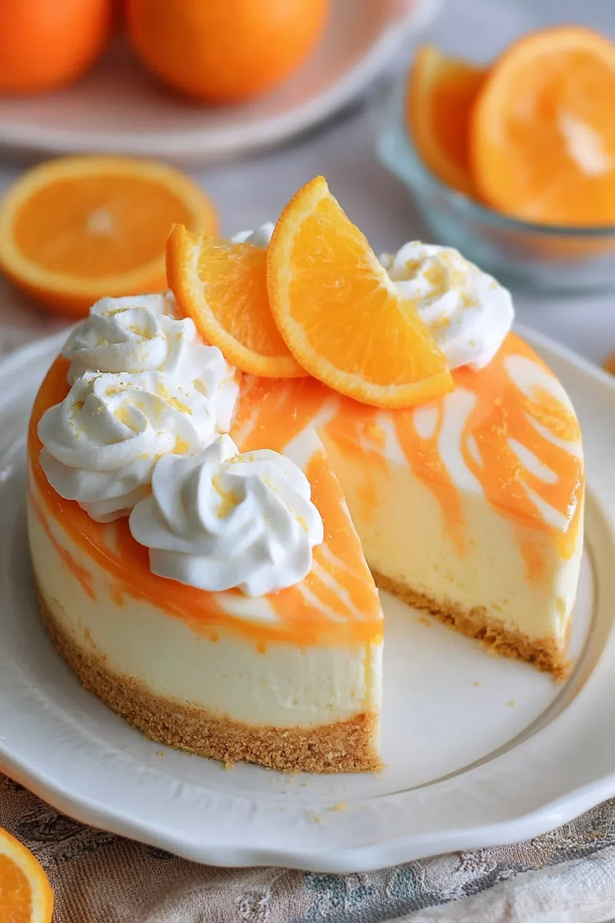 Close-up of a chilled citrus-inspired cake with a smooth, glossy surface.