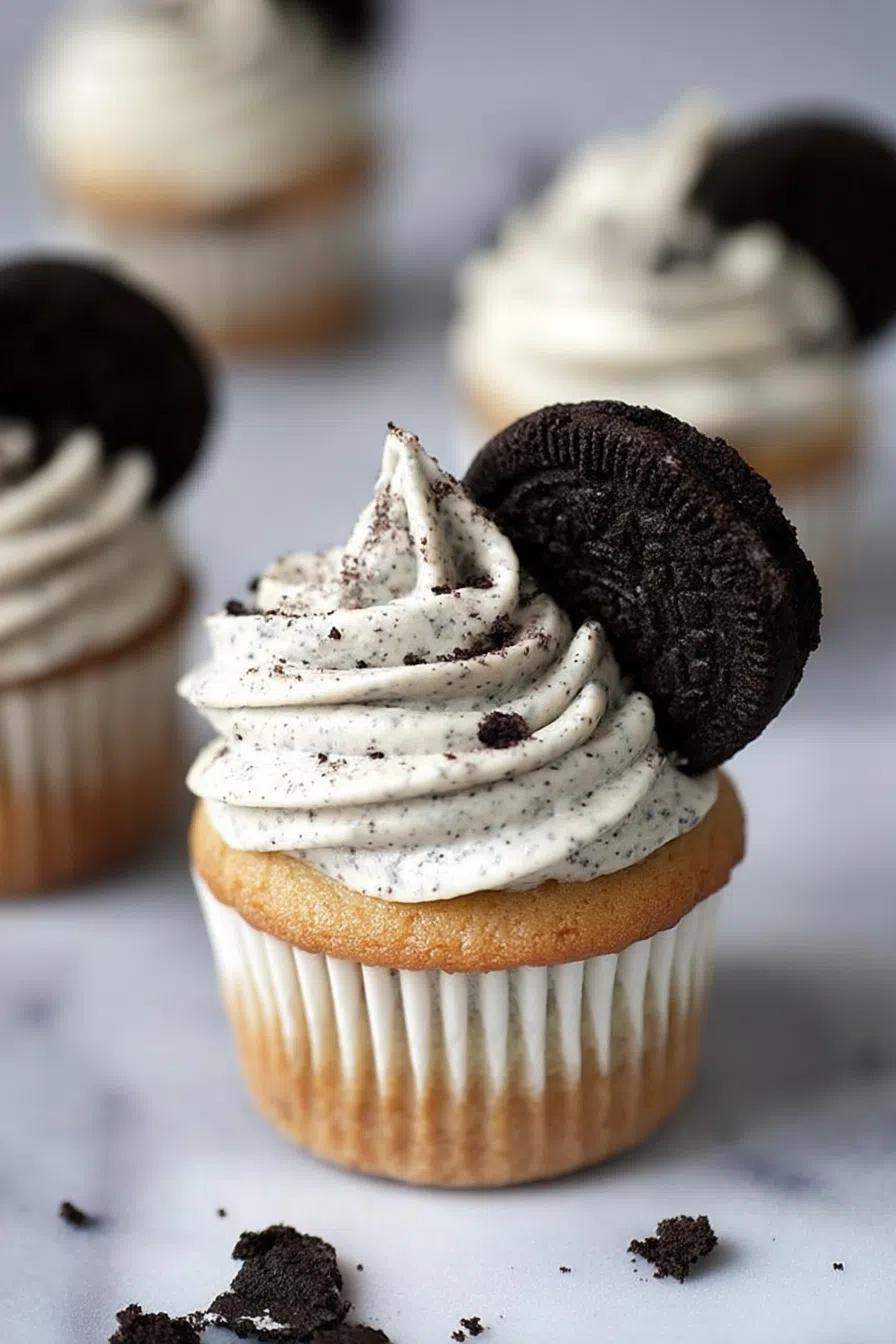 A bite-sized cake with layered textures and crushed cookie detail.