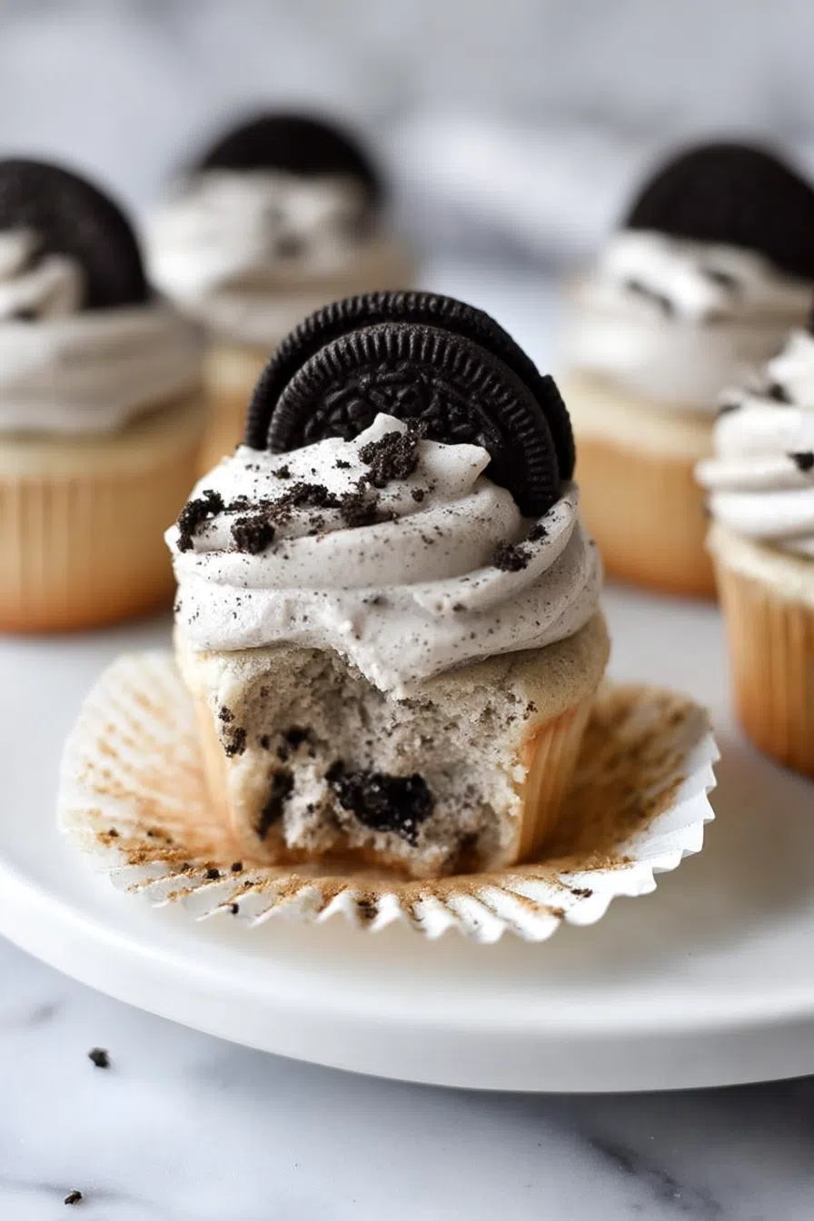 A tray of frosted baked treats with a decorative swirl and garnish.