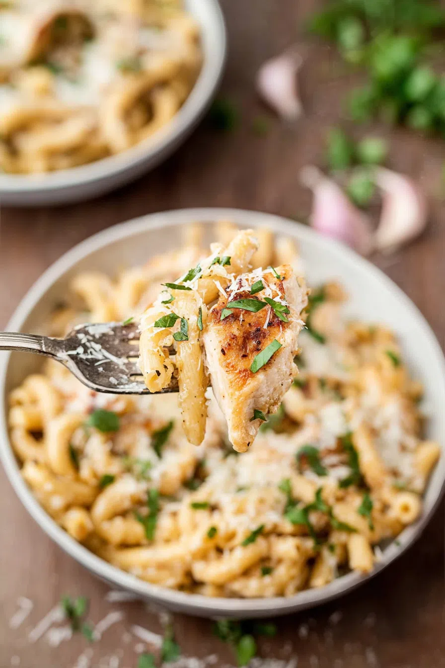 Fork lifting a gooey, savory bite from a hot, cheesy bowl.
