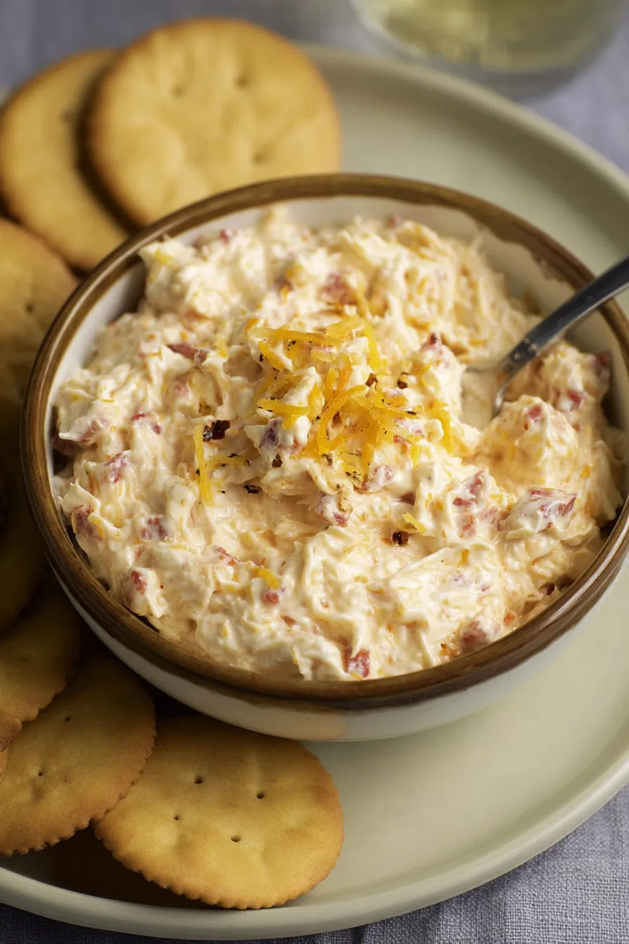Overhead shot of a rustic snack platter featuring a homemade cheese dip.