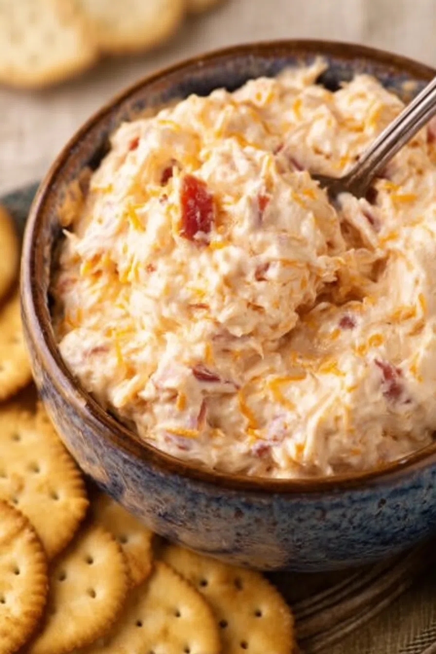 Close-up of a smooth cheese mixture in a glass dish on a wooden table.
