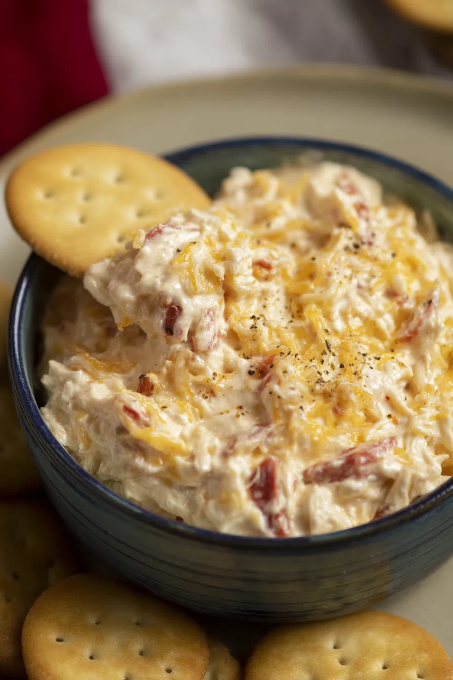 Bowl of creamy, shredded cheese spread with visible red pepper bits.