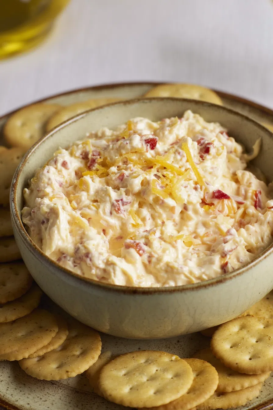 Crackers served alongside a mound of orange-hued cheese dip.
