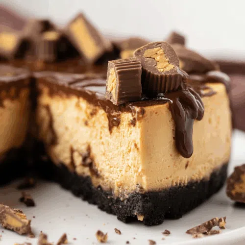 Close-up of a rich, smooth layered cake topped with whipped topping and chopped nuts.