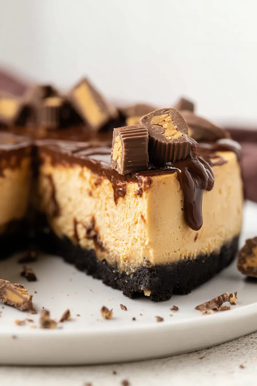 Close-up of a rich, smooth layered cake topped with whipped topping and chopped nuts.