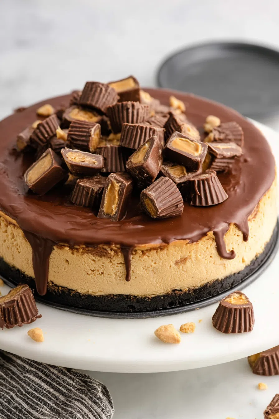 Whole round dessert with a glossy topping and textured crust, set on a cake stand.