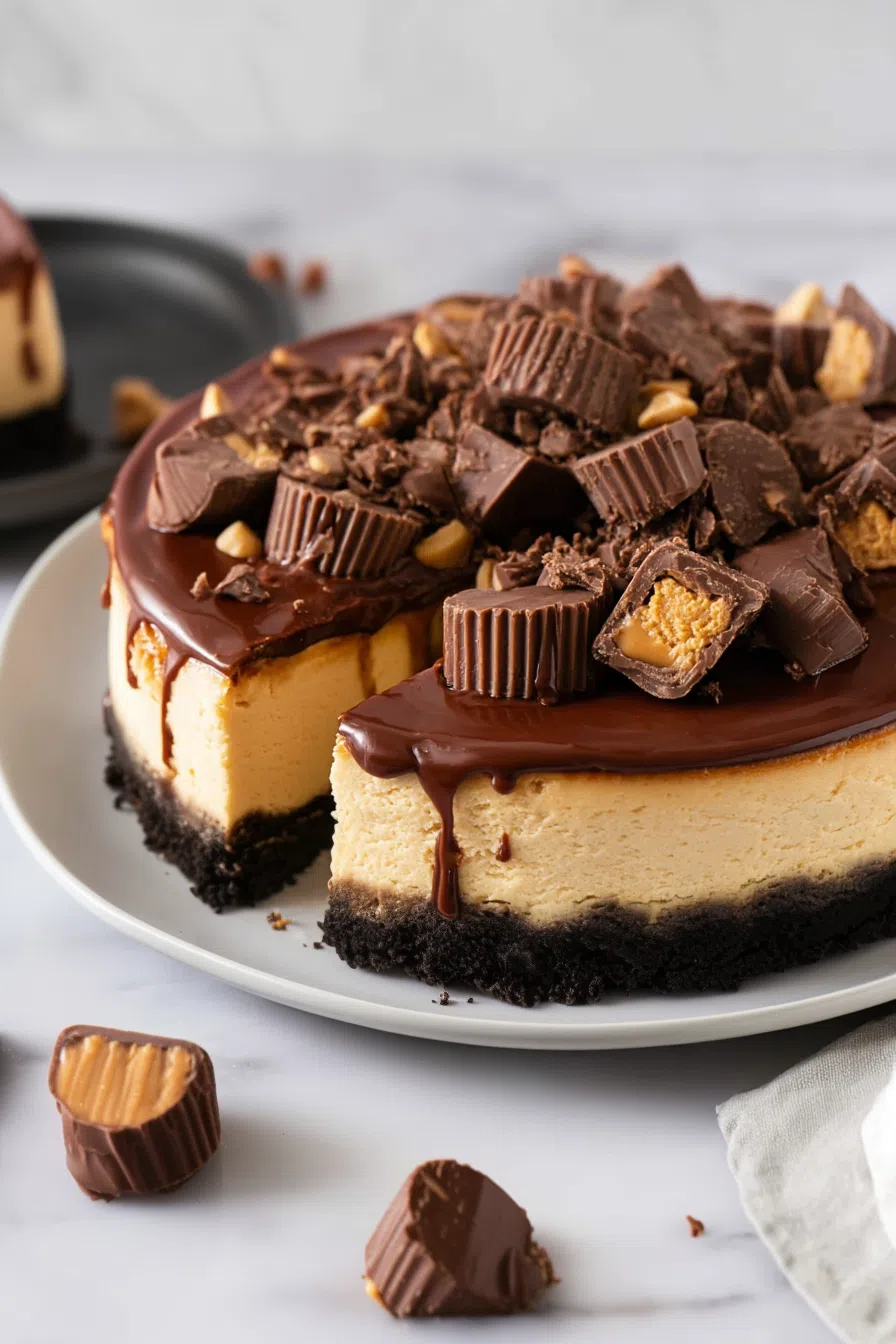 A creamy dessert slice with a chocolate drizzle and crumbly crust on a white plate.