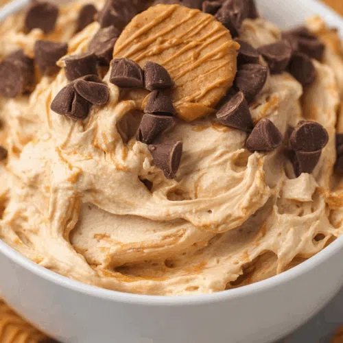 Dessert spread in a dish with a dusting of crushed cookies nearby.