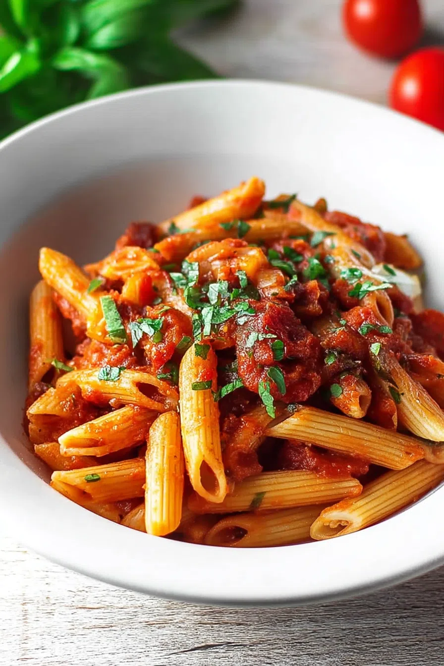 Overhead view of a plated spicy tomato pasta dish, garnished with parsley.