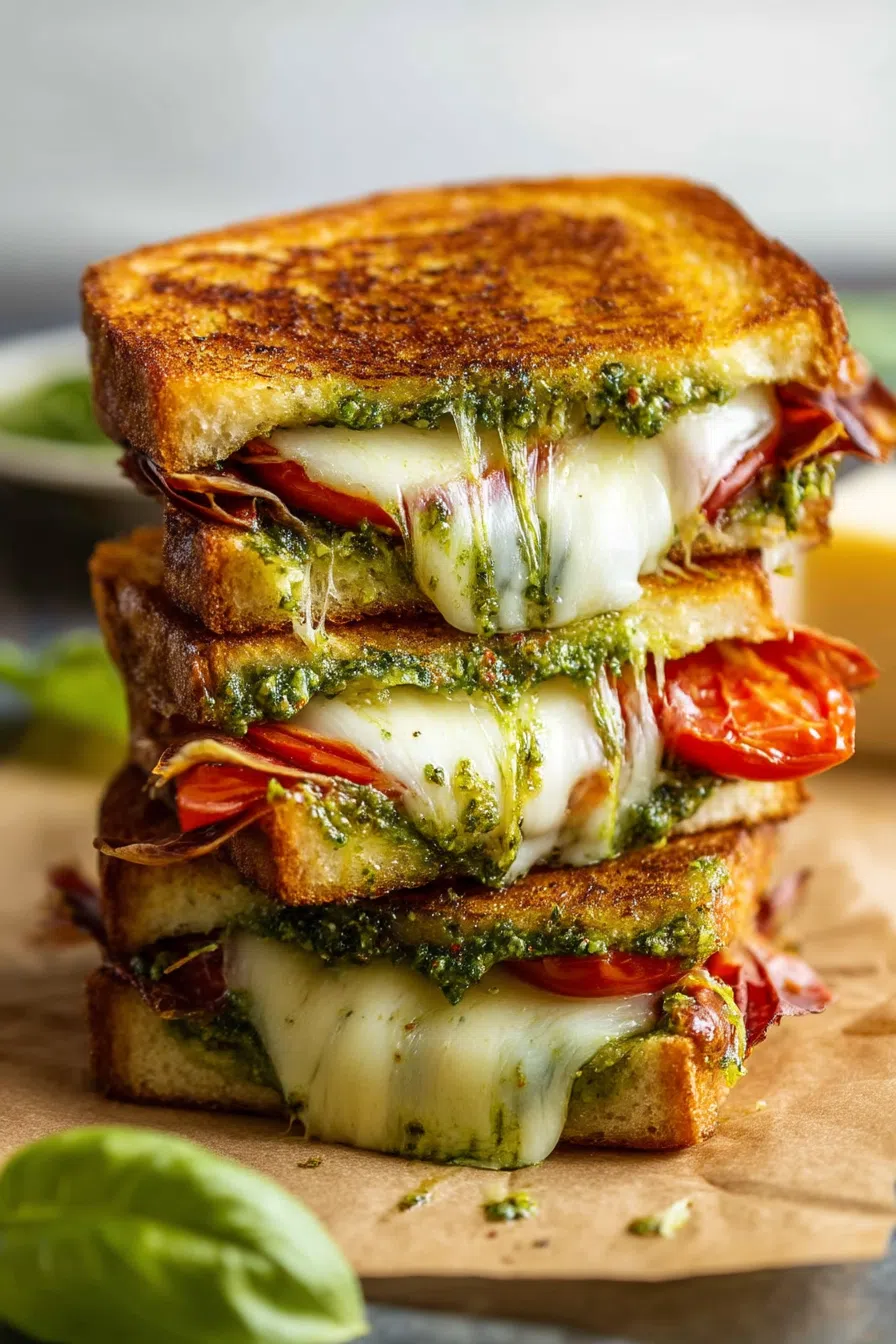 Crispy sandwich halves stacked with melted cheese peeking out.
