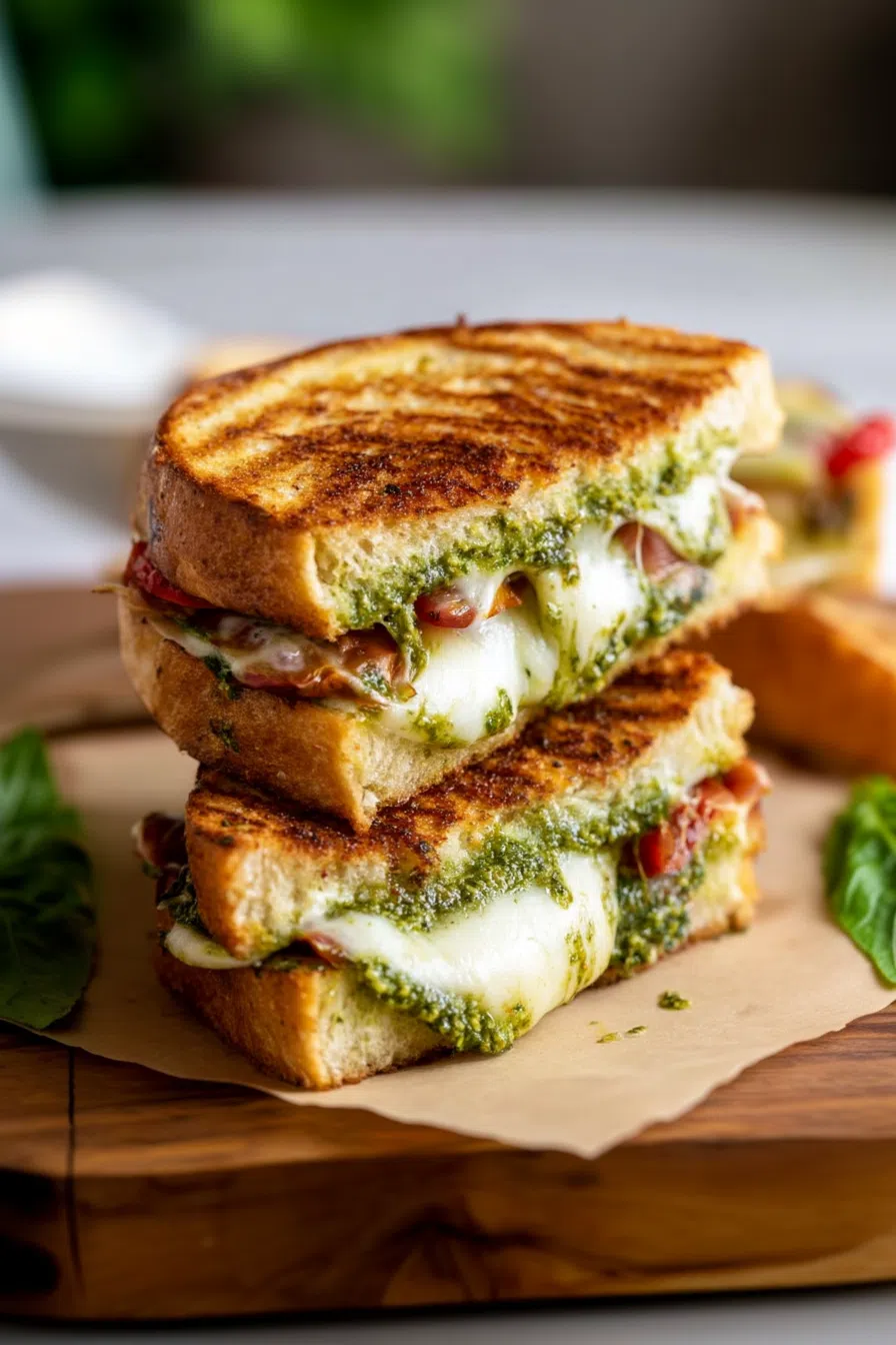 Diagonal slice showing melted layers between crunchy, grilled bread.