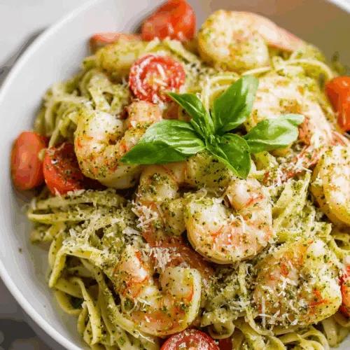 Overhead view of a pasta dish garnished with grated cheese and fresh basil.