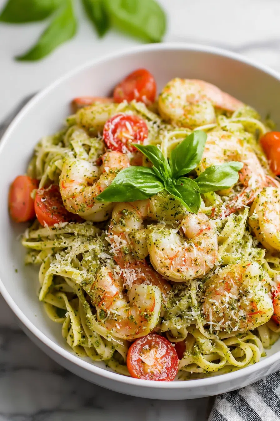 Overhead view of a pasta dish garnished with grated cheese and fresh basil.