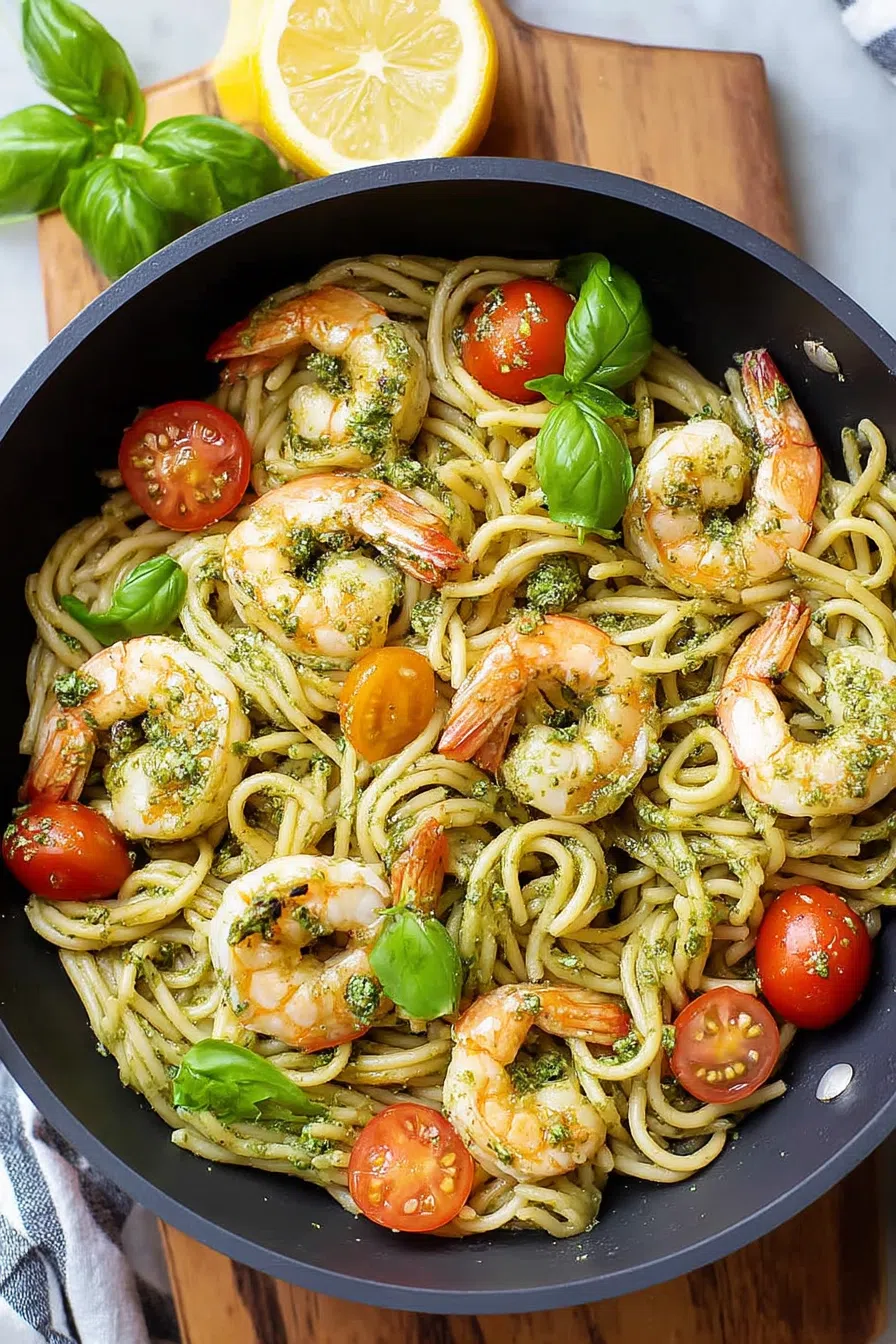 Shrimp nestled into sauced pasta, served in a rustic ceramic bowl.