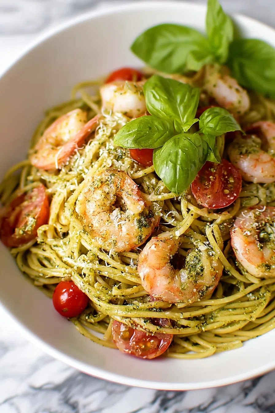 Twirls of pasta coated in green sauce with seared shrimp arranged on a white dinner plate.