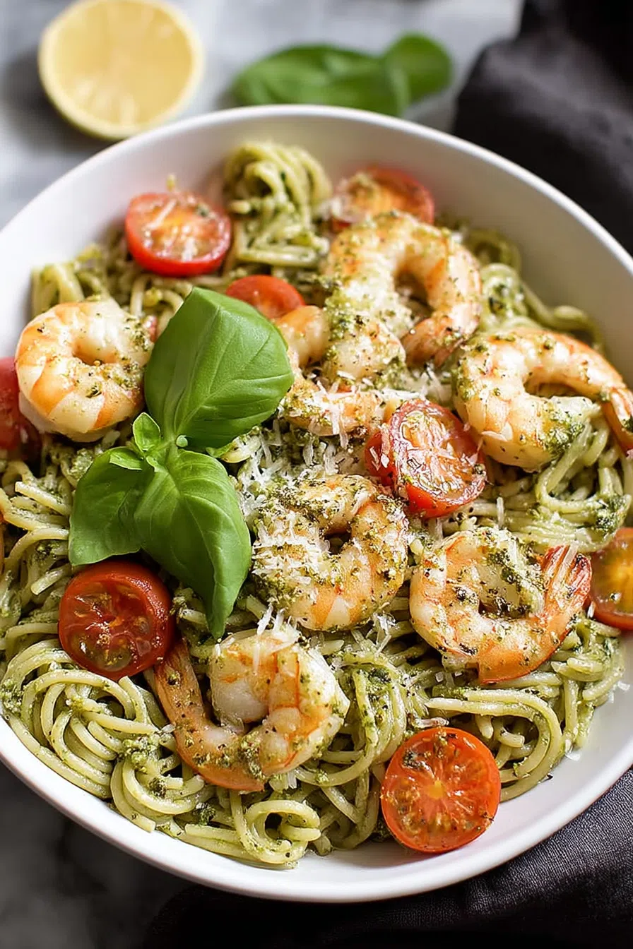 Close-up of a forkful of noodles topped with herbs and shellfish.