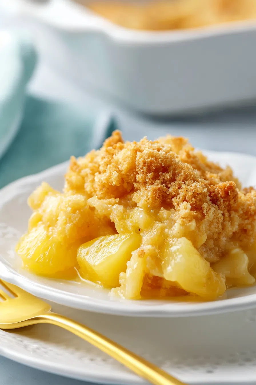 Side angle of the dish revealing creamy layers and caramelized top.