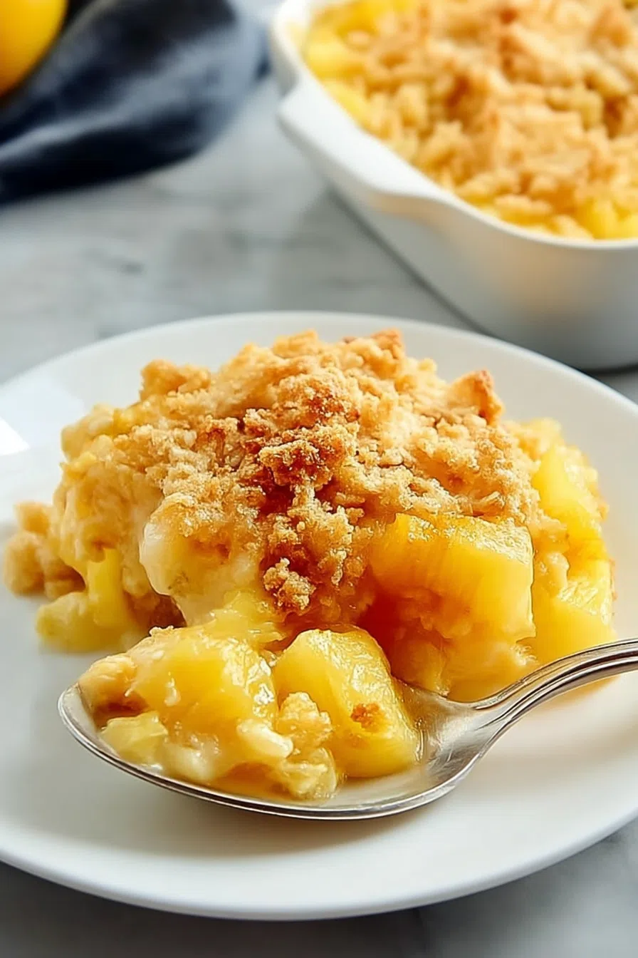 Golden-baked casserole with a crispy topping served in a white dish.