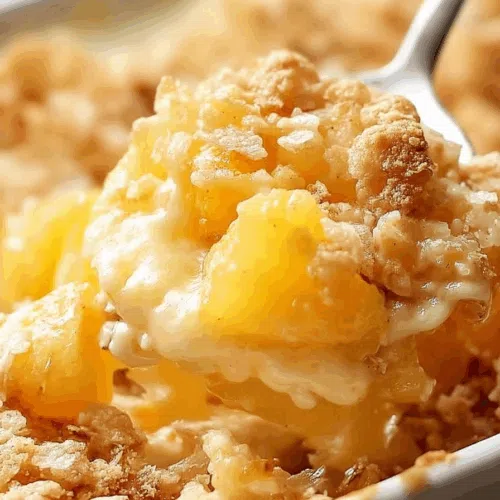 Close-up of a spoonful showing the gooey cheese and pineapple chunks.