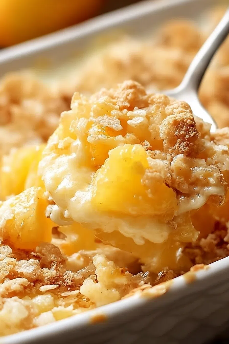 Close-up of a spoonful showing the gooey cheese and pineapple chunks.
