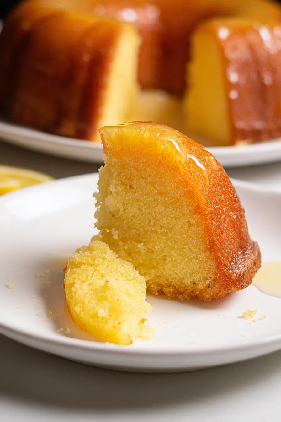 Close-up of a moist slice of cake with a shiny sugar glaze on top.