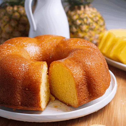 Cut cake revealing a tender crumb and a sticky, sweet coating.