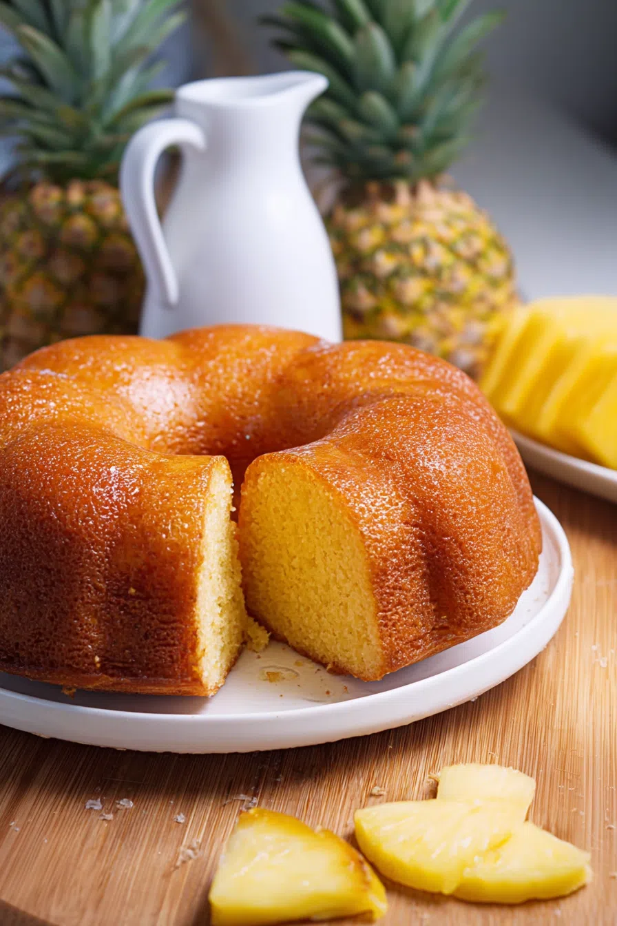 Cut cake revealing a tender crumb and a sticky, sweet coating.