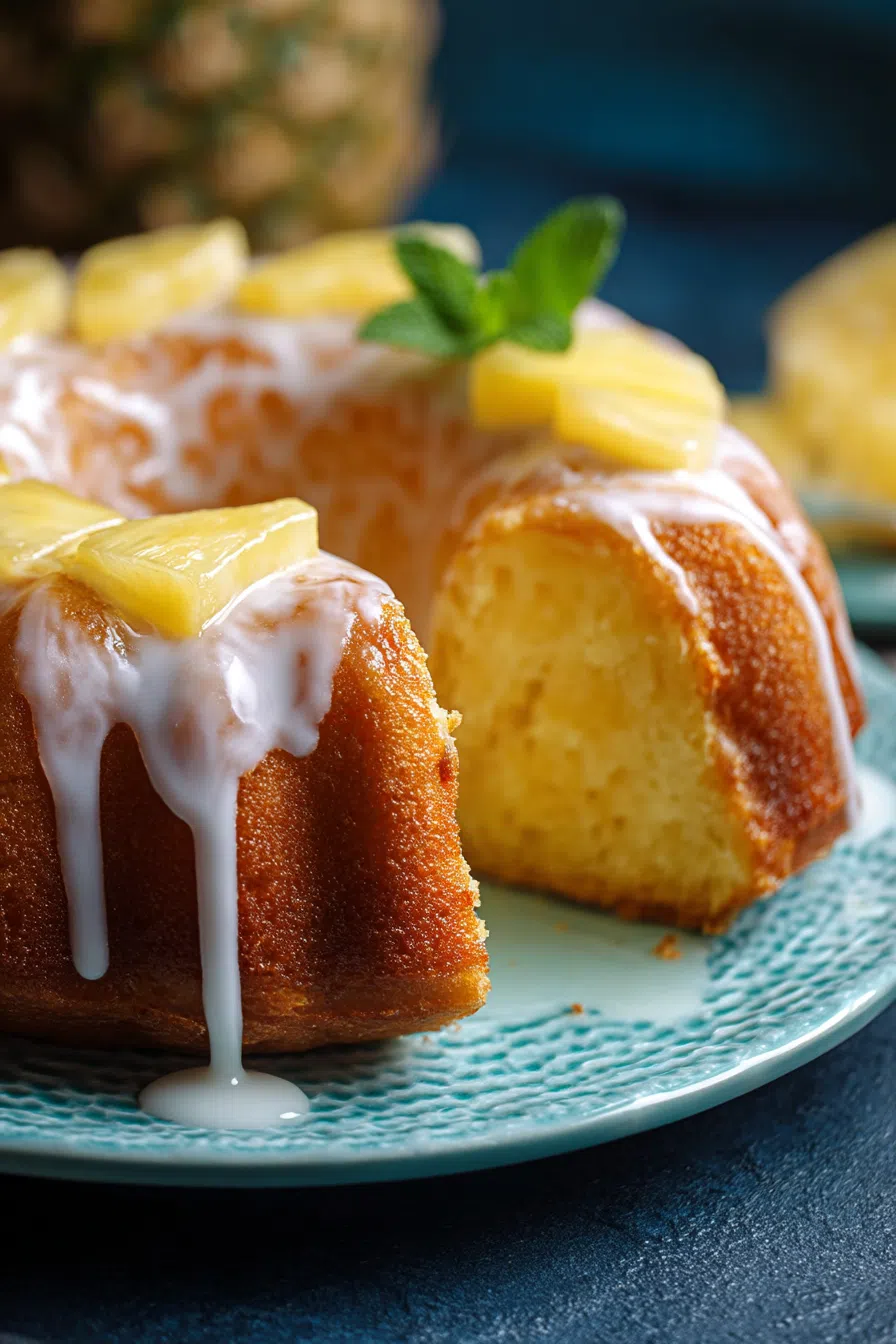 A golden, glazed bundt cake resting on a white serving plate.
