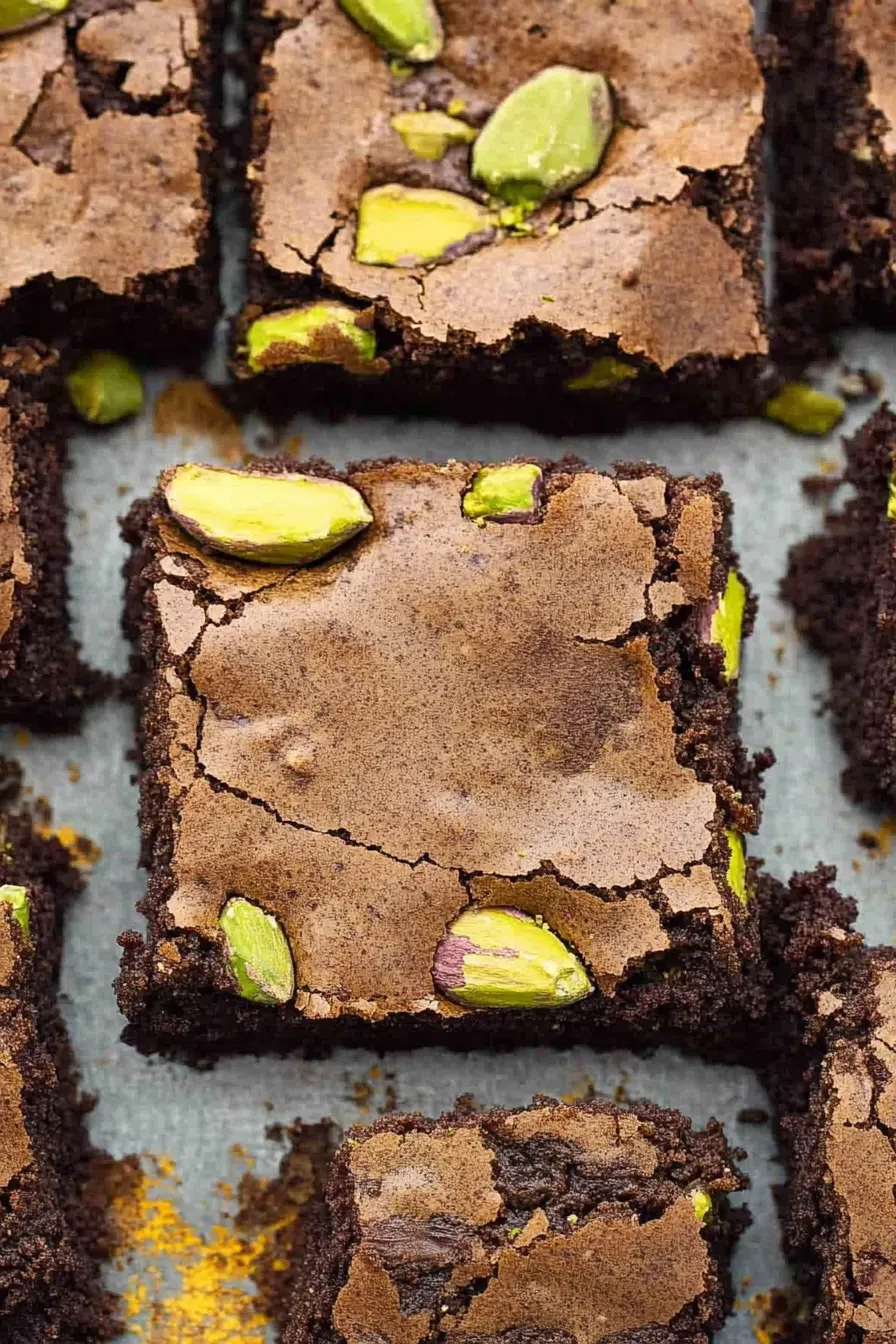 Overhead view of dessert pieces with a rich, dark base and vibrant nut topping.