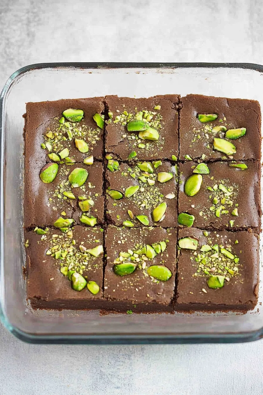 Gooey chocolate dessert bars topped with chopped green nuts.