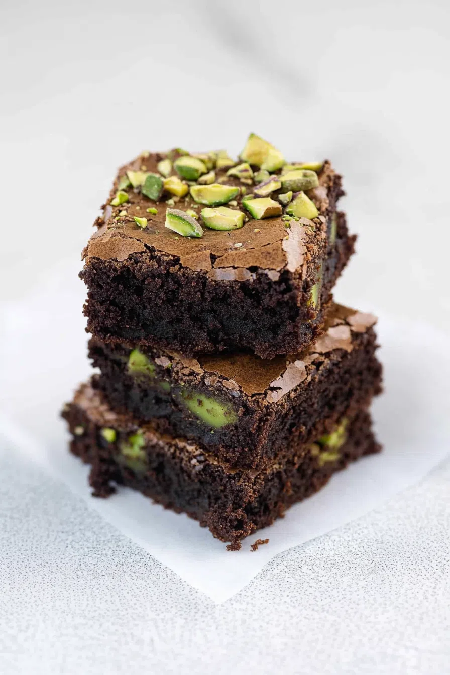 Stack of chewy baked bars with a hint of green from crushed nuts.