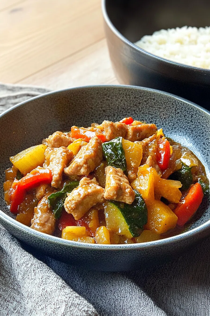 Savory cooked dish featuring seared protein and seasonal vegetables, ready to serve.