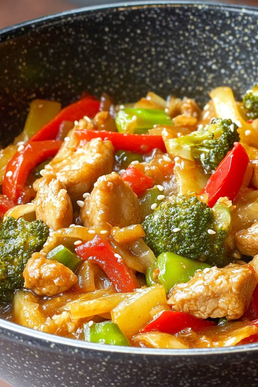 Tender slices of meat mixed with bell peppers, onions, and broccoli in a rich sauce.