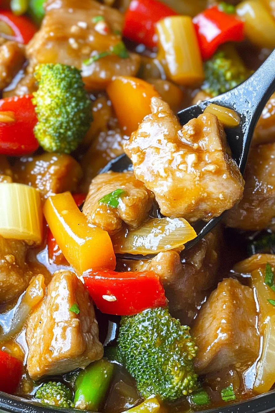 Close-up of a vibrant stir-fried dish with a glossy, savory glaze.
