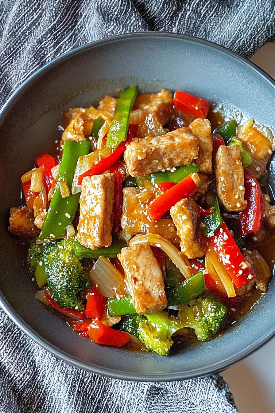 Colorful medley of sautéed meat and crisp vegetables served in a shallow bowl.